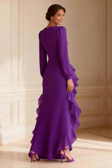 Purple Ruffled V Neck Asymmetrical Mother of the Bride Dress with Slit