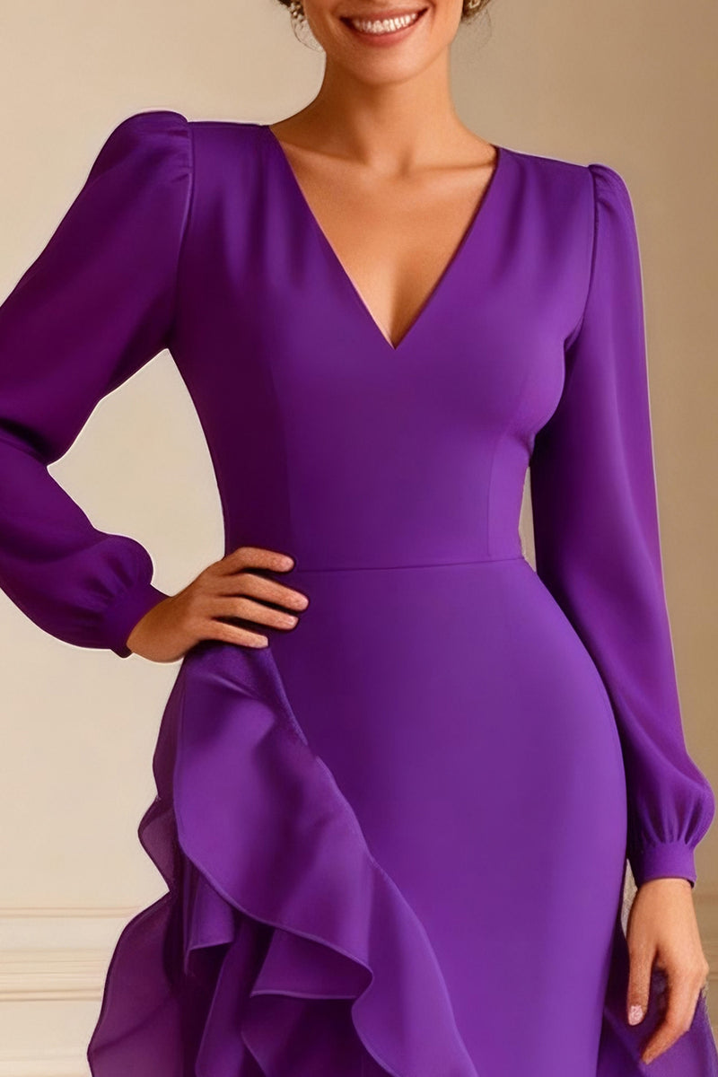 Load image into Gallery viewer, Purple Ruffled V Neck Asymmetrical Mother of the Bride Dress with Slit
