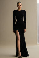 Load image into Gallery viewer, Simple Black Round Neck Sheath Long Satin Formal Dress with Slit