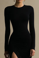 Load image into Gallery viewer, Simple Black Round Neck Sheath Long Satin Formal Dress with Slit