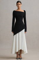 Load image into Gallery viewer, Black and White Asymmetrical Neck Sheath Long Formal Dress with Sleeves