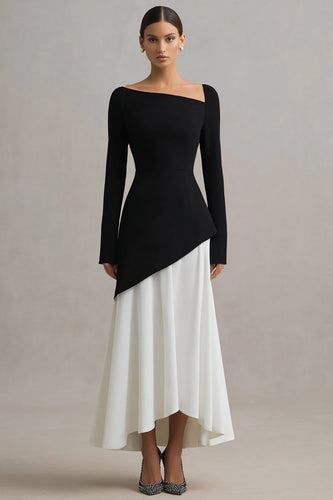 Black and White Asymmetrical Neck Sheath Long Formal Dress with Sleeves