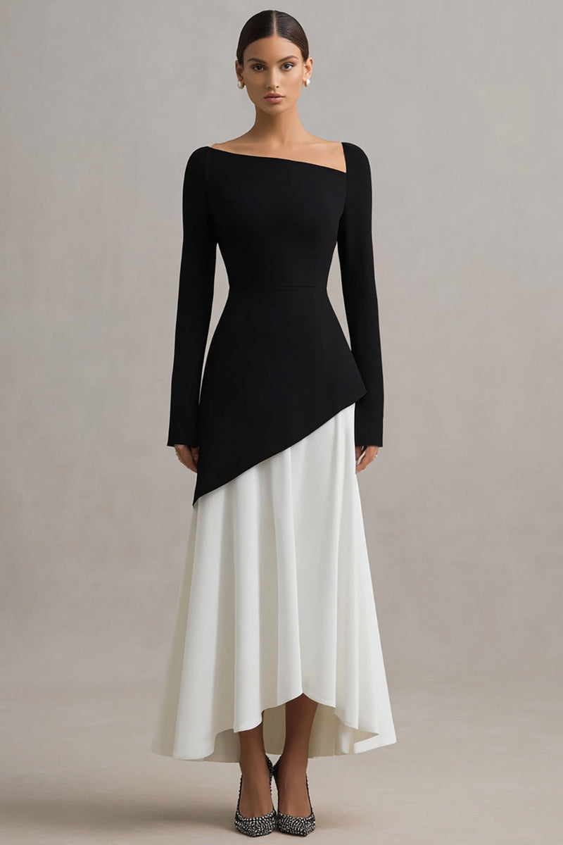 Load image into Gallery viewer, Black and White Asymmetrical Neck Sheath Long Formal Dress with Sleeves