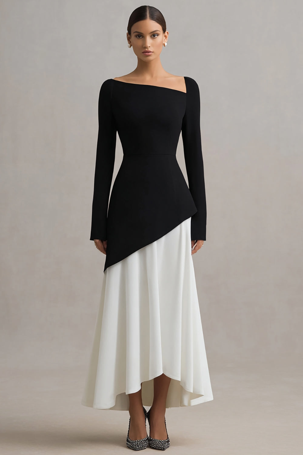 Black and White Asymmetrical Neck Sheath Long Formal Dress with Sleeves