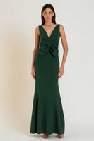 Load image into Gallery viewer, Dark Green V-Neck Mermaid Long Formal Dress with Bow