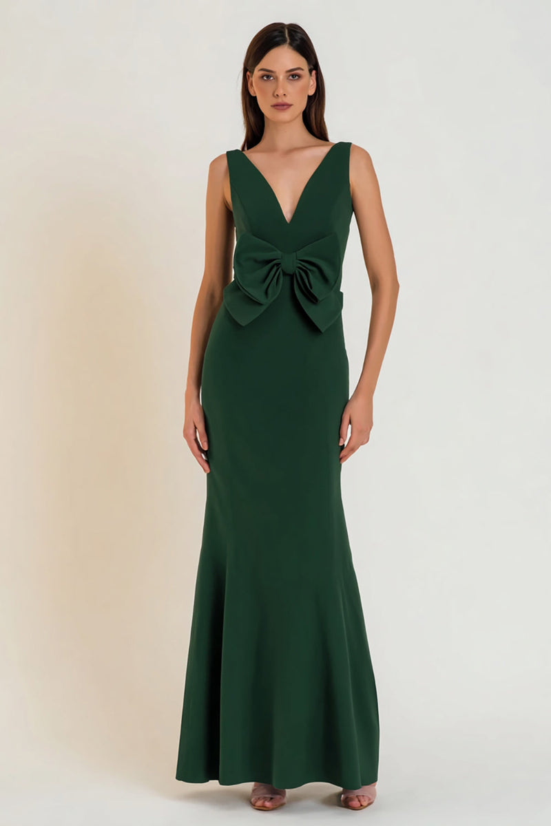 Load image into Gallery viewer, Dark Green V-Neck Mermaid Long Formal Dress with Bow