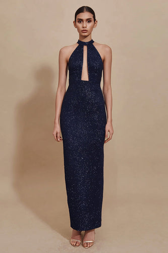 Sparky Navy Sheath Sequin Long Formal Dress with Keyhole