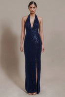 Load image into Gallery viewer, Sparky Navy Halter Neck Sequin Long Sheath Formal Dress with Slit