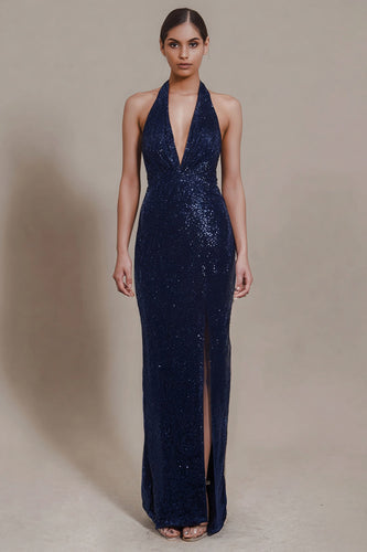 Sparky Navy Halter Neck Sequin Long Sheath Formal Dress with Slit