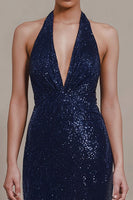 Load image into Gallery viewer, Sparky Navy Halter Neck Sequin Long Sheath Formal Dress with Slit
