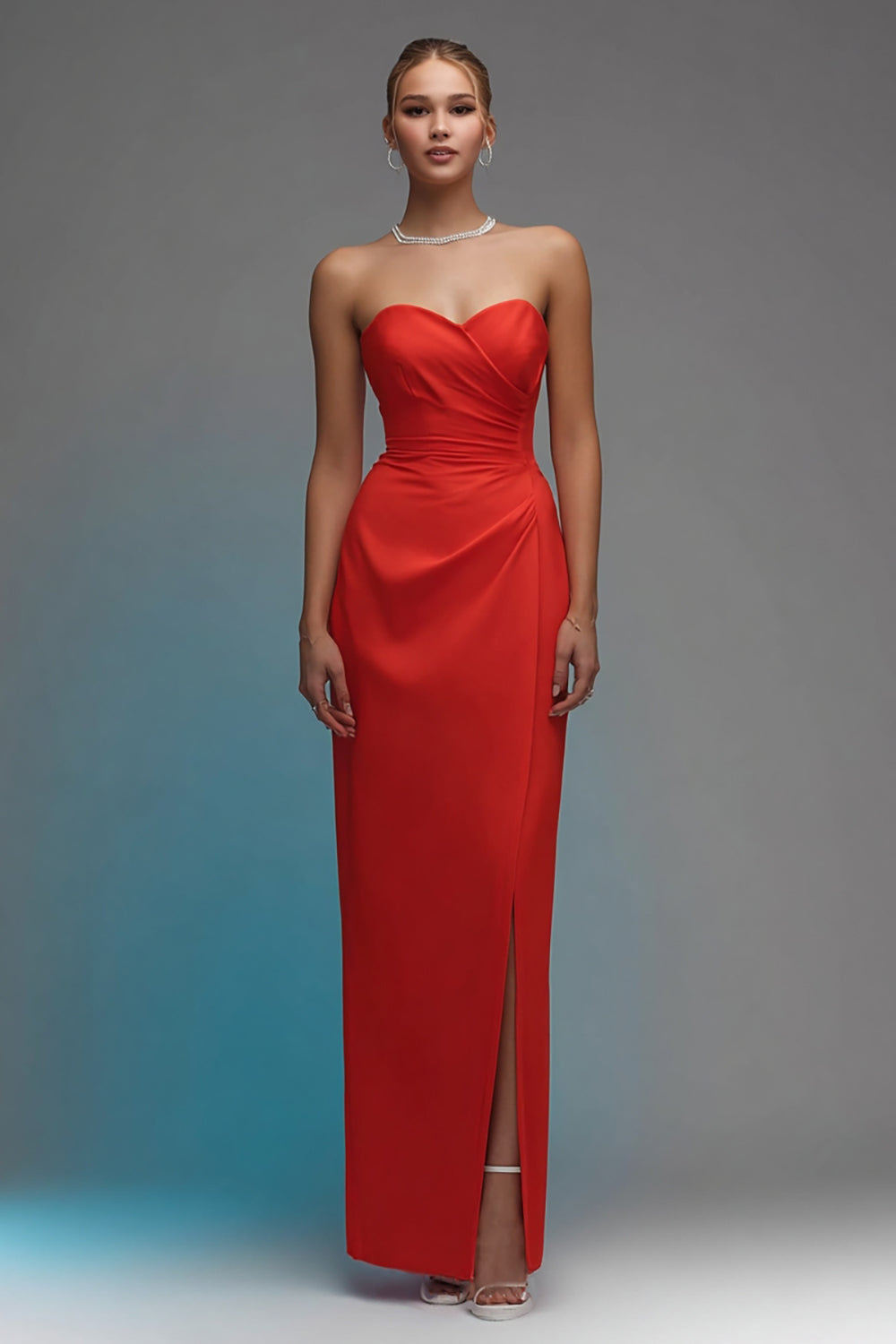 Red Sweetheart Ruched Sheath Long Formal Dress with Slit