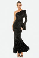 Load image into Gallery viewer, Sparkly Black Sequin One Shoulder Long Formal Dress with Sleeves