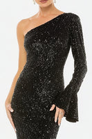 Load image into Gallery viewer, Sparkly Black Sequin One Shoulder Long Formal Dress with Sleeves