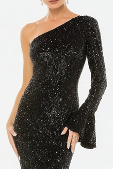 Sparkly Black Sequin One Shoulder Long Formal Dress with Sleeves