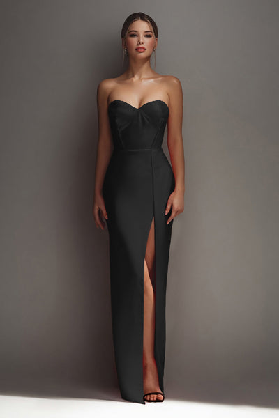 Black Satin Sheath Sweetheart Long Formal Dress with Slit