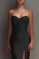 Load image into Gallery viewer, Black Satin Sheath Sweetheart Long Formal Dress with Slit