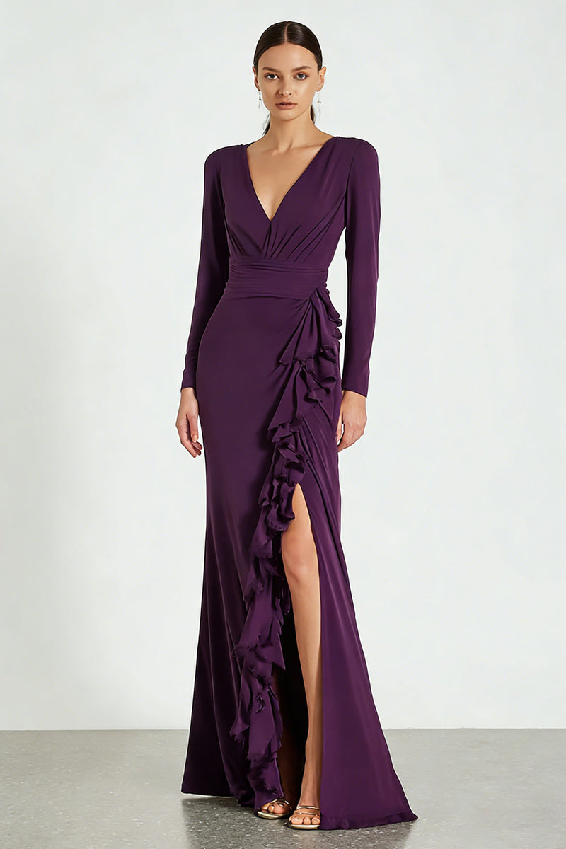 Load image into Gallery viewer, Plum Satin Ruffled V-Neck Formal Dress with Slit