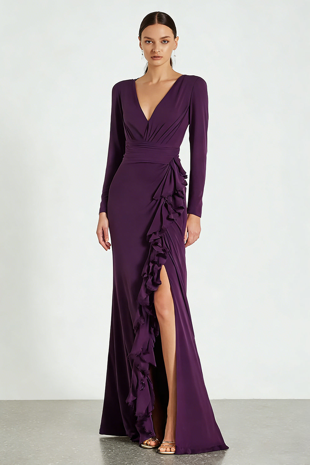 Plum Satin Ruffled V-Neck Formal Dress with Slit