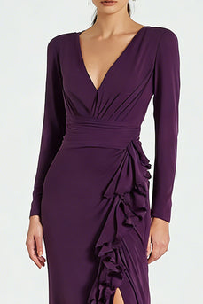 Plum Satin Ruffled V-Neck Formal Dress with Slit
