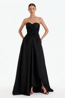 Load image into Gallery viewer, Black Floral Satin Sweetheart A Line Long Formal Dress with Slit