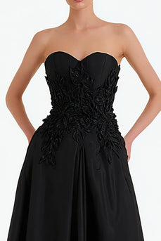 Black Floral Satin Sweetheart A Line Long Formal Dress with Slit