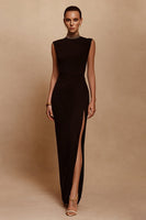 Load image into Gallery viewer, Sparkly Black Beaded Sheath Long Satin Formal Dress with Slit