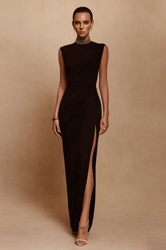 Sparkly Black Beaded Sheath Long Satin Formal Dress with Slit