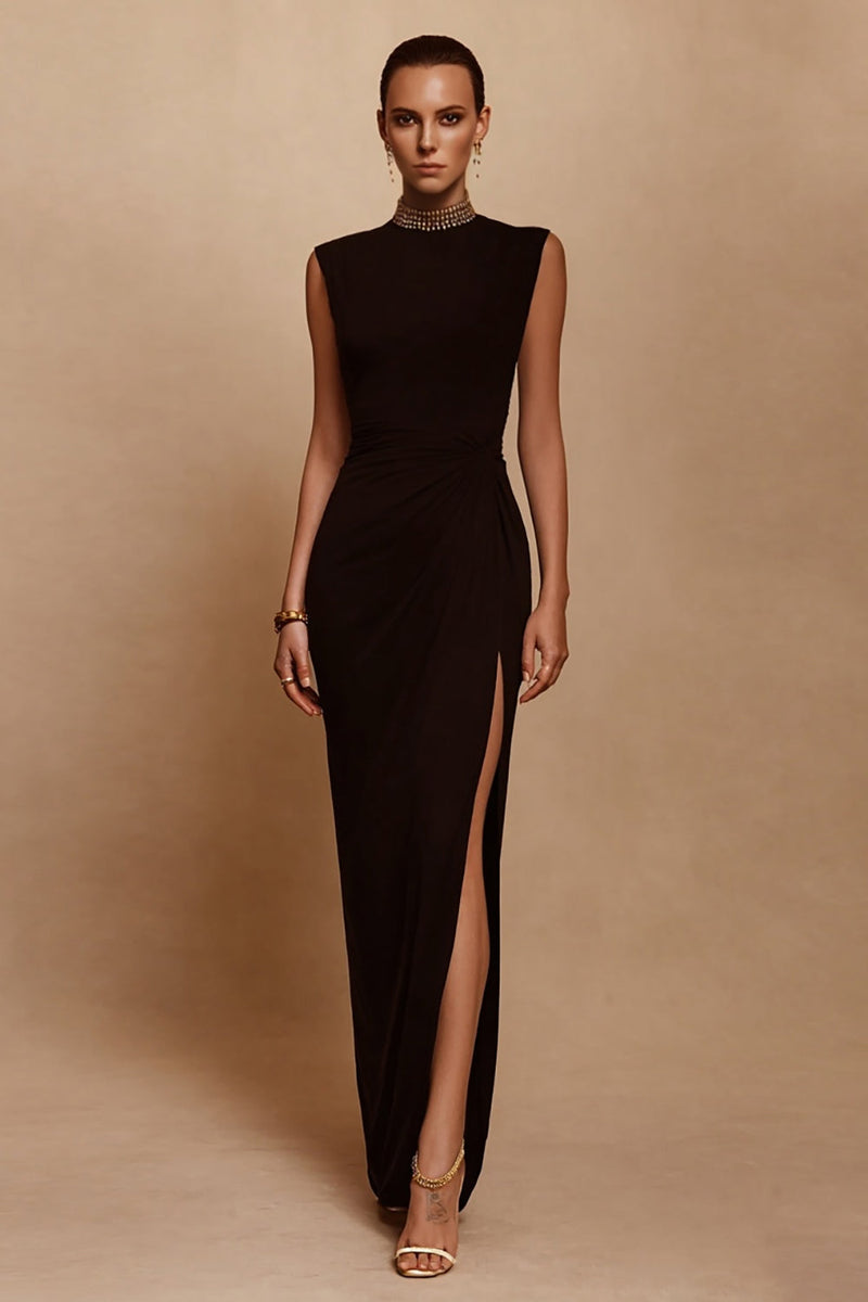 Load image into Gallery viewer, Sparkly Black Beaded Sheath Long Satin Formal Dress with Slit