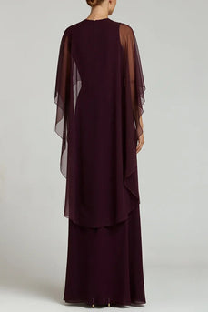 Burgundy Sheath Crew Neck Long Chiffon Formal Dress with Cape