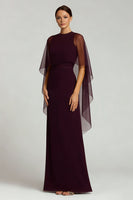 Load image into Gallery viewer, Burgundy Sheath Crew Neck Long Chiffon Formal Dress with Cape