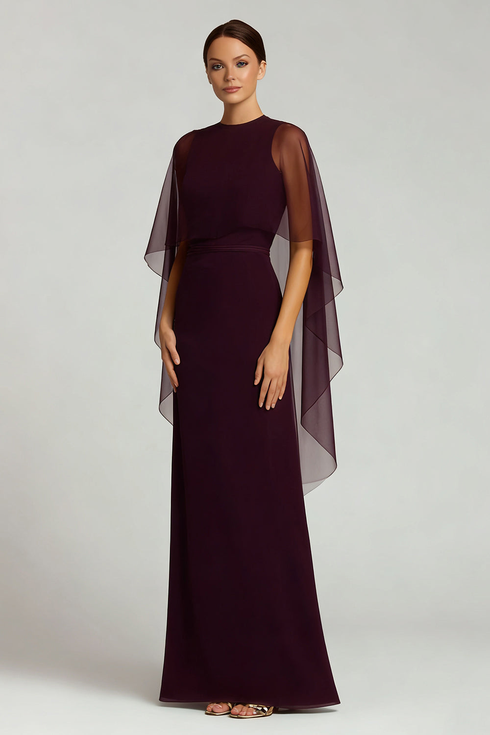 Burgundy Sheath Crew Neck Long Chiffon Formal Dress with Cape
