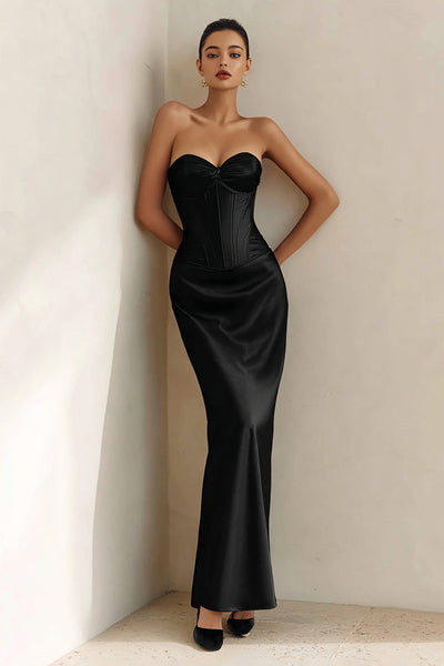 Black Satin Sweetheart Mermaid Corset Long Formal Dress