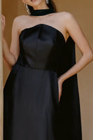 Load image into Gallery viewer, Black A Line Neck Scarf Long Satin Formal Dress