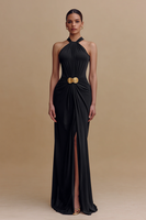 Load image into Gallery viewer, Black Halter Neck Sheath Long Satin Formal Dress with Slit