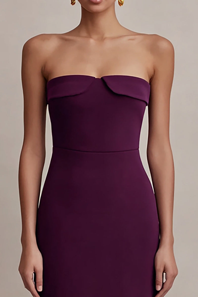 Load image into Gallery viewer, Plum Satin Strapless Long Sheath Formal Dress