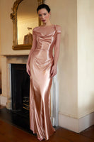 Load image into Gallery viewer, Champagne Satin Cold Shoulder Sheath Long Formal Dress
