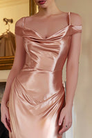 Load image into Gallery viewer, Champagne Satin Cold Shoulder Sheath Long Formal Dress