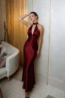 Load image into Gallery viewer, Burgundy Satin Sheath Halter Neck Long Formal Dress