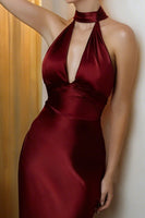 Load image into Gallery viewer, Burgundy Satin Sheath Halter Neck Long Formal Dress