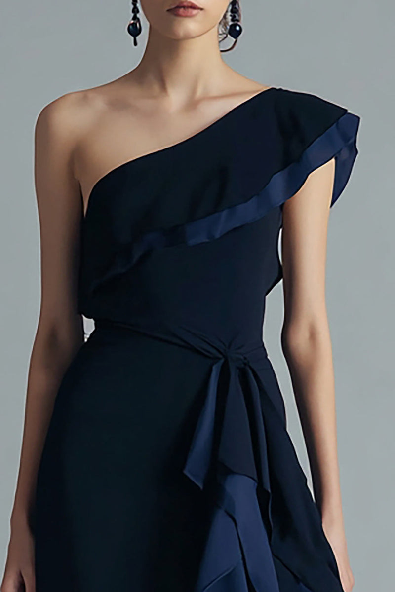 Load image into Gallery viewer, Black and Navy Chiffon One Shoulder Asymmetrical Formal Dress