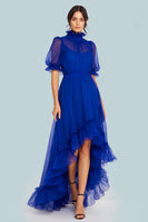 Load image into Gallery viewer, Royal Blue Tulle Asymmetrical High Neck Long Formal Dress