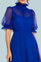Load image into Gallery viewer, Royal Blue Tulle Asymmetrical High Neck Long Formal Dress
