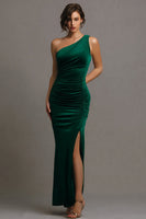 Load image into Gallery viewer, Dark Green One Shoulder Mermaid Long Satin Formal Dress with Slit