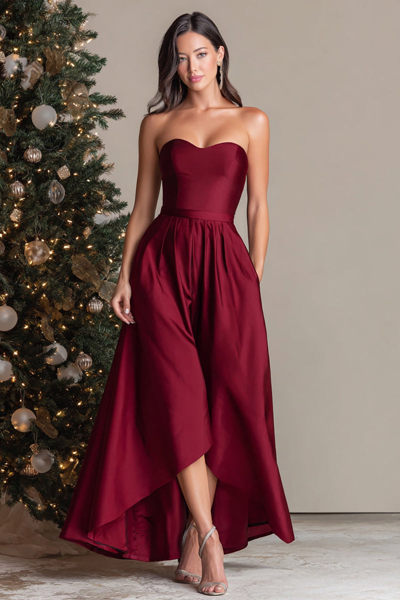 Load image into Gallery viewer, Burgundy Satin Asymmetrical Strapless Long Formal Dress