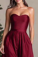 Load image into Gallery viewer, Burgundy Satin Asymmetrical Strapless Long Formal Dress