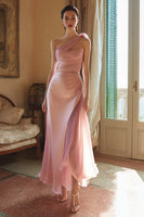 Load image into Gallery viewer, Pink One Shoulder Satin Long Sheath Formal Dress