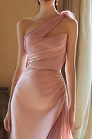 Load image into Gallery viewer, Pink One Shoulder Satin Long Sheath Formal Dress