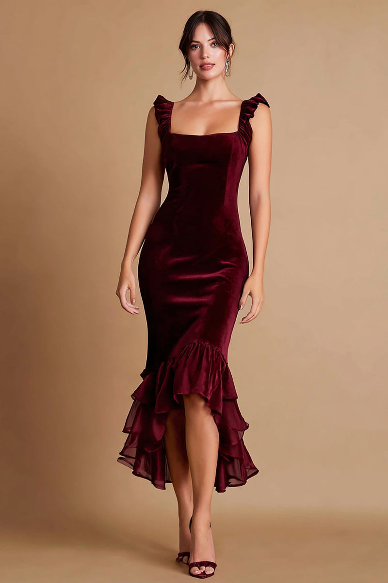 Load image into Gallery viewer, Burgundy Ruffled Mermaid Midi Satin Semi-Formal Dress