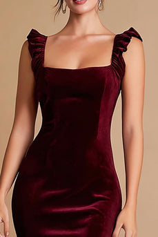 Burgundy Ruffled Mermaid Midi Satin Semi-Formal Dress