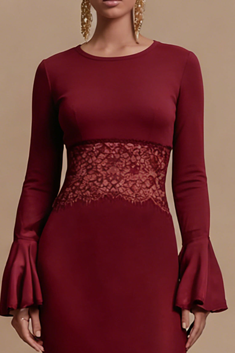 Load image into Gallery viewer, Burgundy Jewel Neck Satin Long Sleeves Formal Dress with Lace